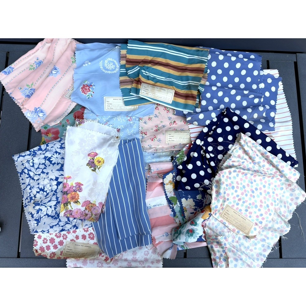 Vintage sewing fabric samples remnants from 1940 florals stripes polka dots